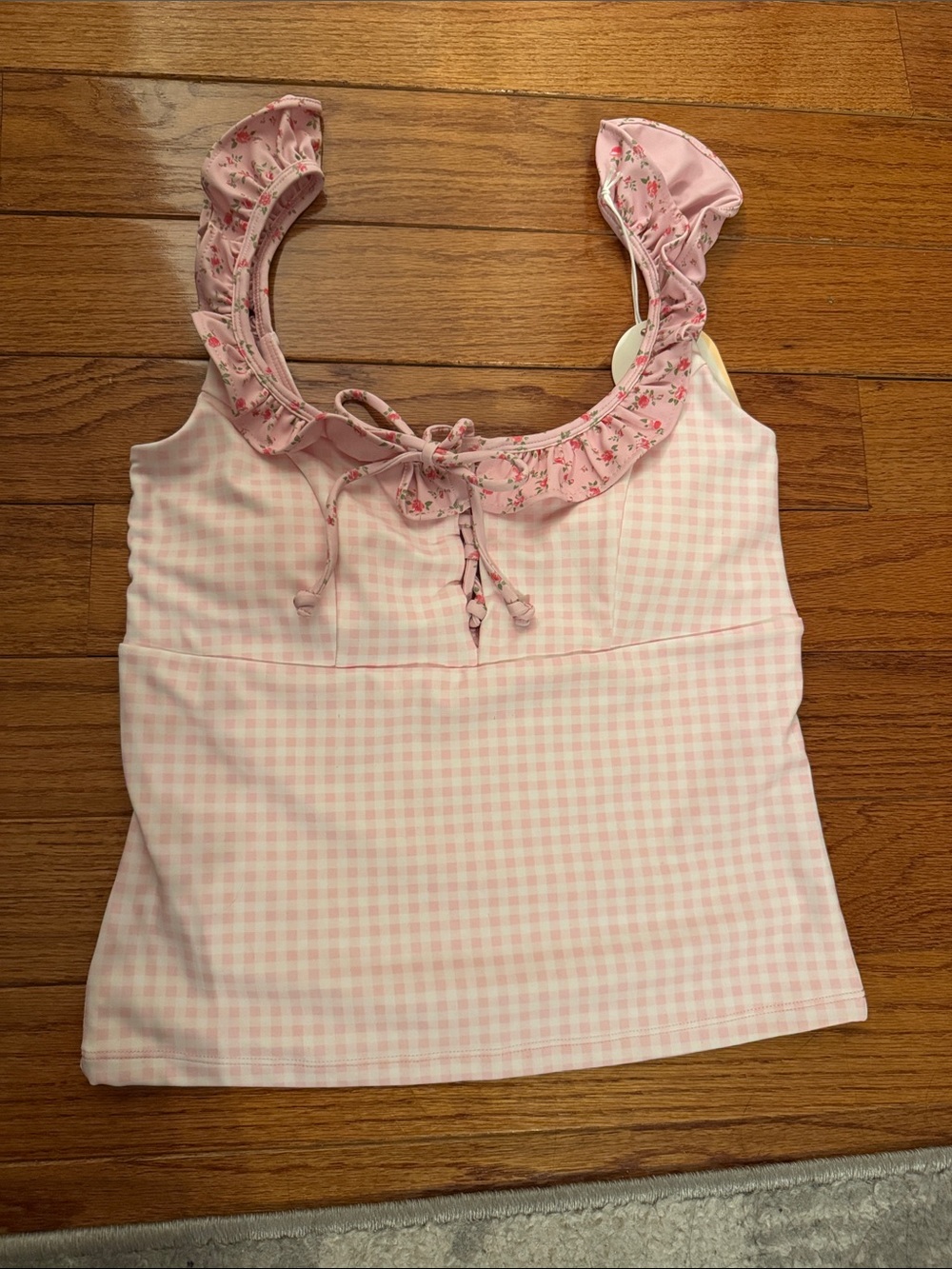 Pink Gingham Ruffle Tank Top - Womens
